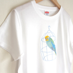 p-jet　カゴとセキセイインコ （レインボー） Tシャツ　（  鳥 インコ） 3枚目の画像