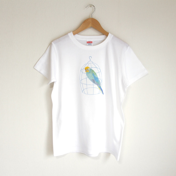 p-jet　カゴとセキセイインコ （レインボー） Tシャツ　（  鳥 インコ） 4枚目の画像