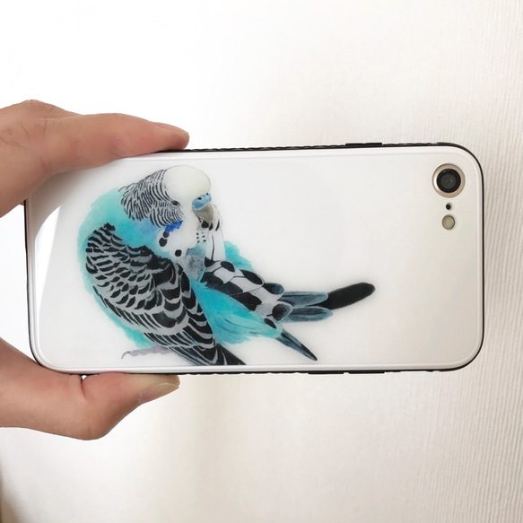 p-jet　青いセキセイインコ　強化ガラス　スマホケース　/　iPhone　iPhone15    /  鳥 インコ 1枚目の画像