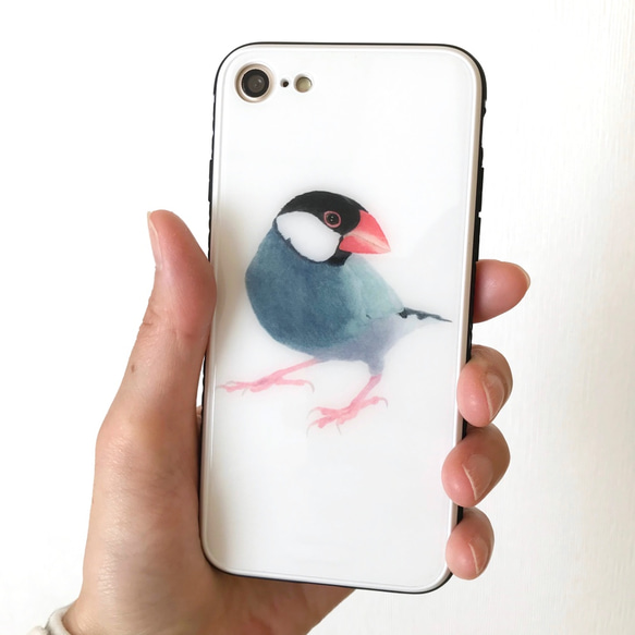 p-jet　文鳥　強化ガラス　スマホケース　/  iPhone  iPhone15　鳥 桜文鳥　ブンチョウ 1枚目の画像