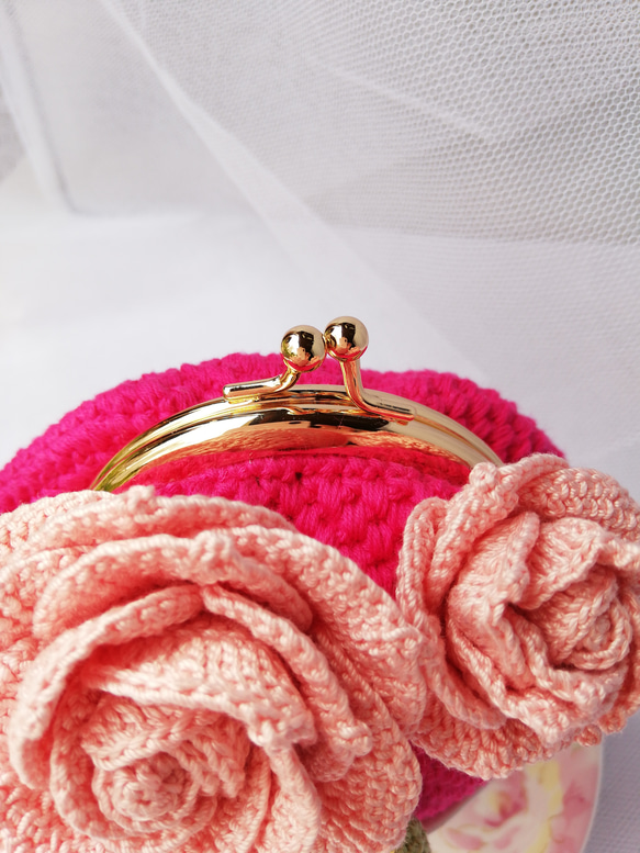 バラのがま口　レース編み　ベビーピンク　エレガント　スワロフスキ‐　バラ好きな方向け　プレゼントに最適　コロンコロン 10枚目の画像