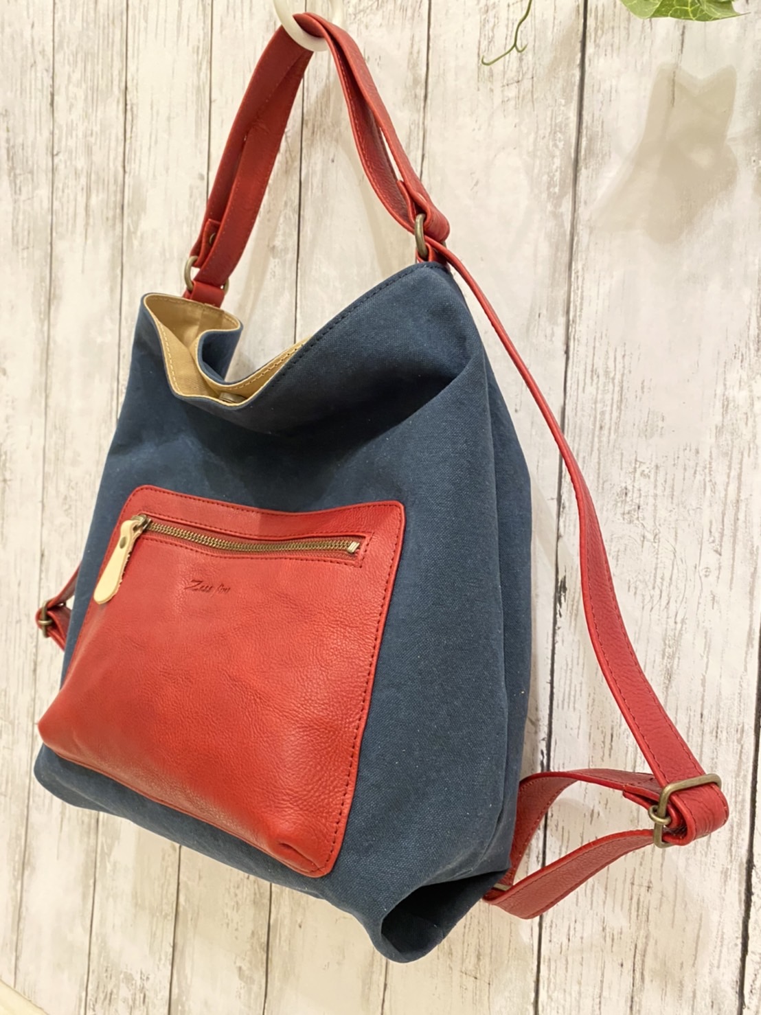 日本製ゼスフィーノ　定番化リュック　セミショルダー　手提げ　3way  帆布と牛革のコンビ　パラフィンとバイオ加工帆布