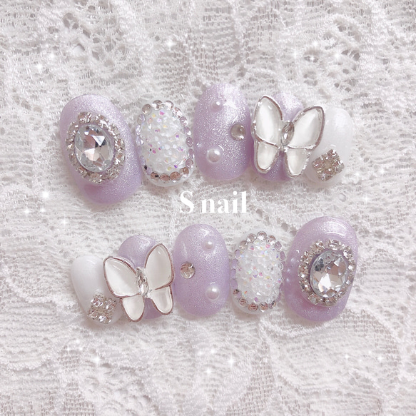 ネイルチップ 韓国 紫 蝶々 マグネットネイル ピクシー ストーン