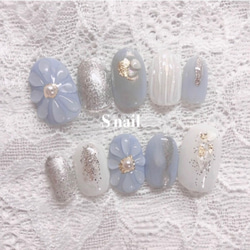 ネイルチップ くすみブルー 水色 フラワー 花 ニュアンスネイル  