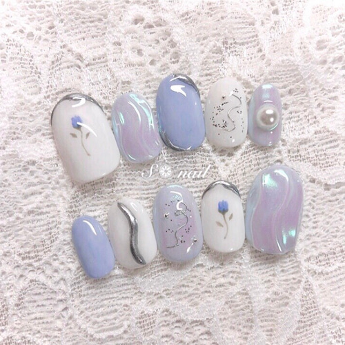 ネイルチップ くすみブルー 水色 ワイヤー ニュアンスネイル フラワー