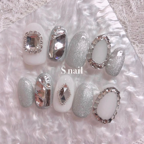 ネイルチップ 韓国 マグネットネイル ホワイト 白 グレー ストーン
