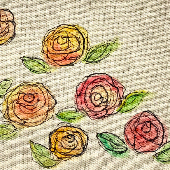 【手描き】薔薇で一杯のコットンリネン手描きブックカバー　生成り　文庫サイズ 6枚目の画像