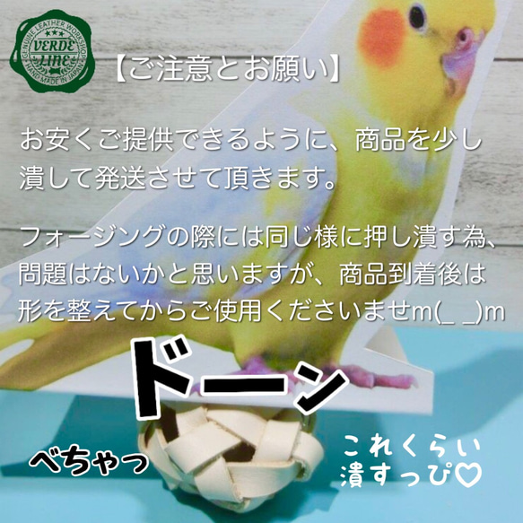 送料無料❤️【噴水ゾウさん】と【編み編みボール】のセット❤️牛ヌメ革ハンドメイドインコ鳥のおもちゃ誕生日プレゼントに 10枚目の画像