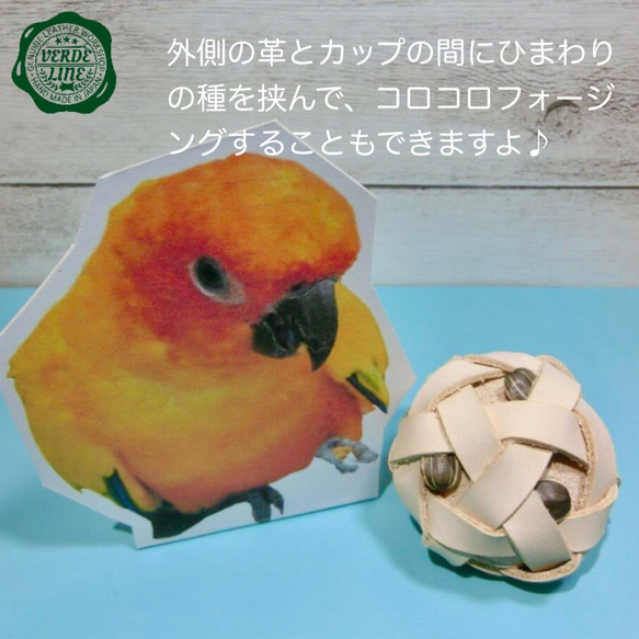 送料無料❤️【噴水ゾウさん】と【編み編みボール】のセット❤️牛ヌメ革ハンドメイドインコ鳥のおもちゃ誕生日プレゼントに 7枚目の画像