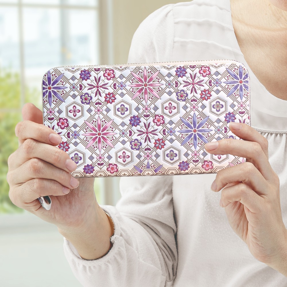 浅草文庫　ラウンド長財布　牛革（文庫革）　大容量　花菱柄　ワイン【470204】