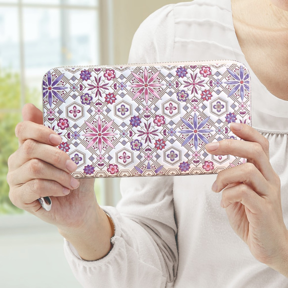 浅草文庫　ラウンド長財布　牛革（文庫革）　大容量　花菱柄　ワイン【470204】 文庫革