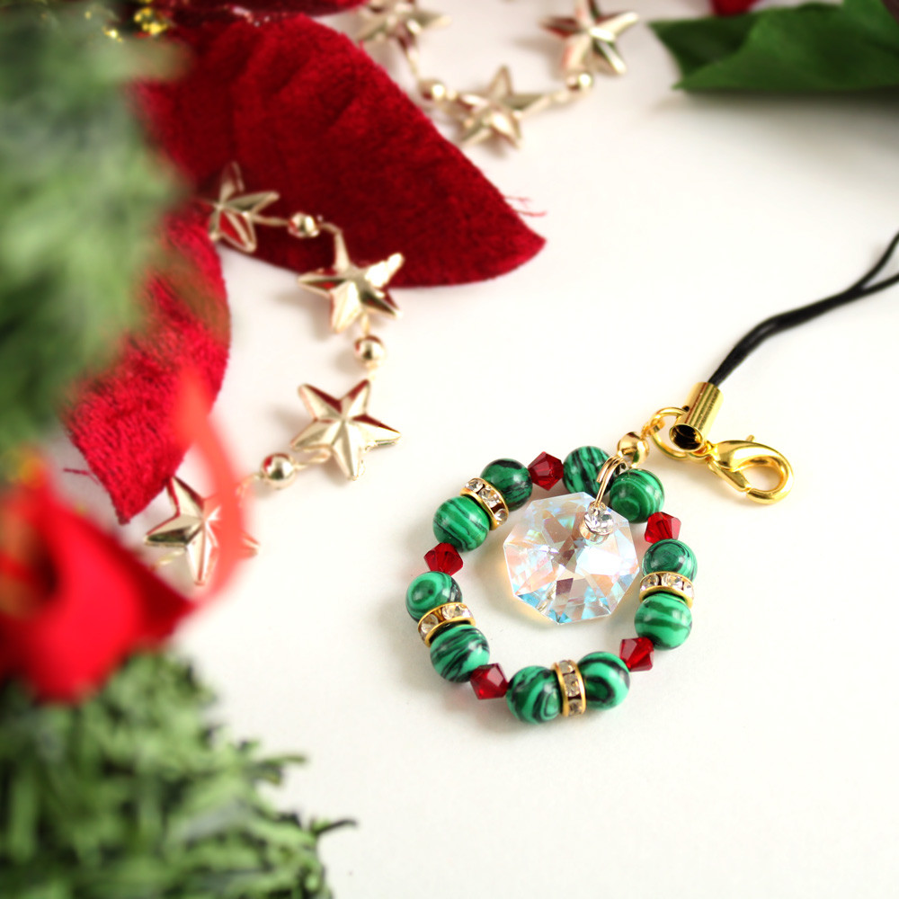 【NEW限定品】 中級キット☆天然石とクリスタルのクリスマスリースのストラップ ストラップ