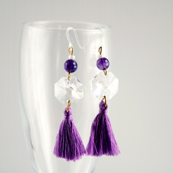 【防過敏】天然石八角製作的日式耳環：紫色（採用高檔水晶） 第1張的照片