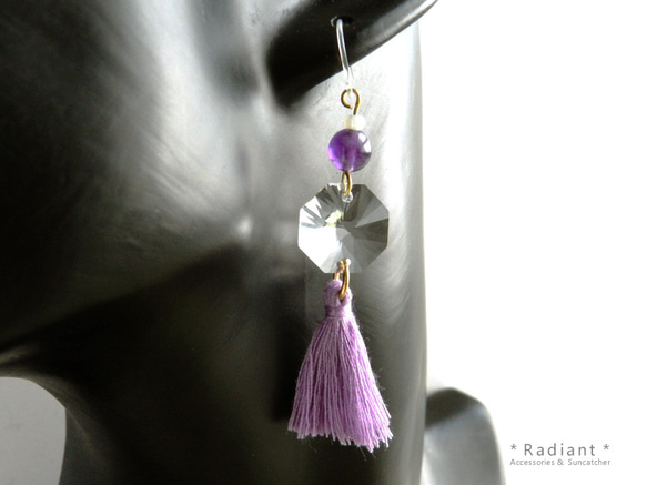 【防過敏】天然石八角製作的日式耳環：紫色（採用高檔水晶） 第2張的照片