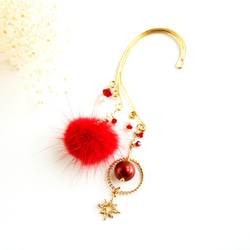 皮草和施華洛世奇珍珠耳環（紅色） 第2張的照片