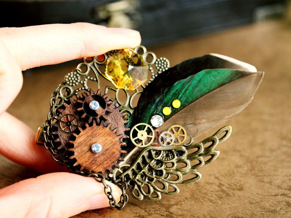 パンクブローチ スチームパンクブローチ 銀翼紳士の歯車ブローチ
