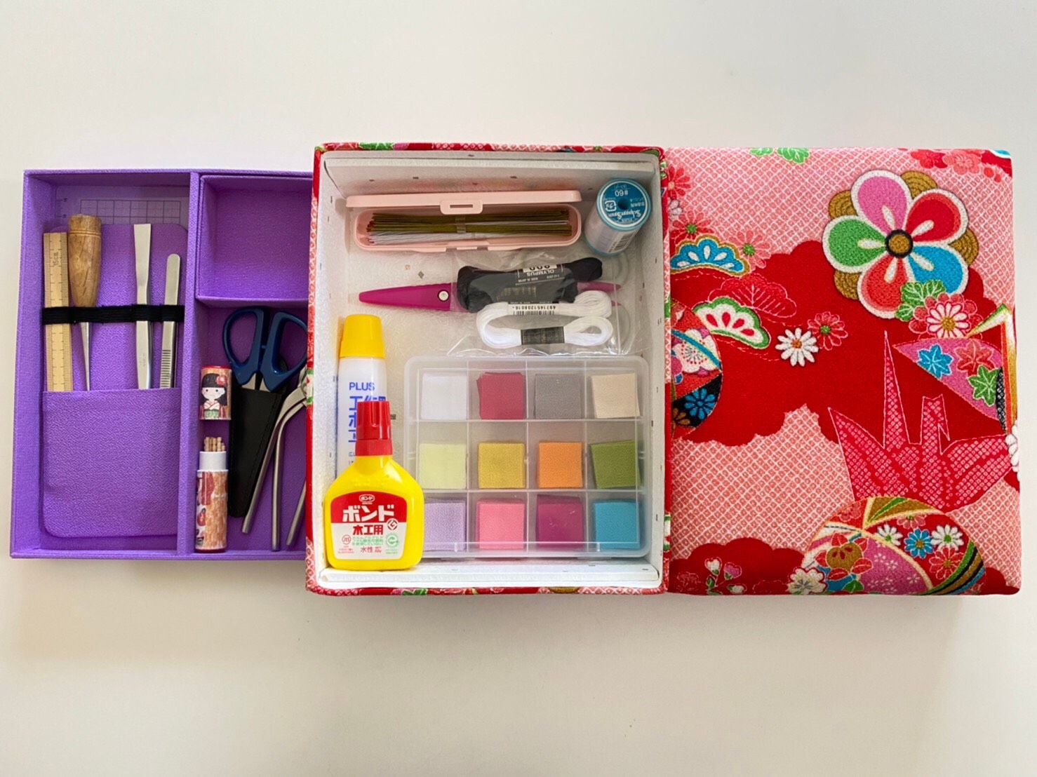 つまみ細工コーディネート協会監修！つまみ細工専用のお道具箱　二越ちりめん赤地柄