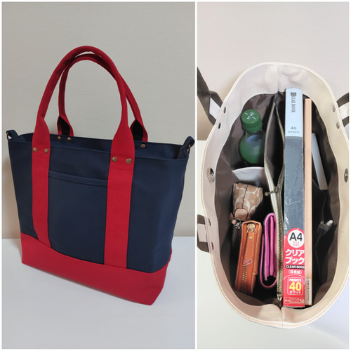 仕切りでスッキリ帆布トートバッグL（ネイビー×レッド） トートバッグ