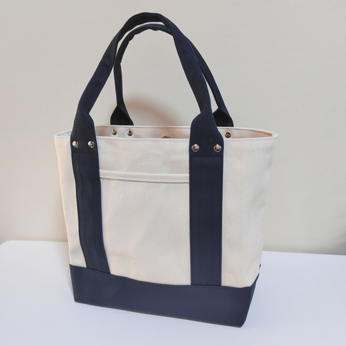 トートバッグ　8号帆布　ハンドメイド　ネイビー　きなり　ファスナー 倉敷帆布8号使用 トートバッグ（新S） ハンドメイド｜Yahoo