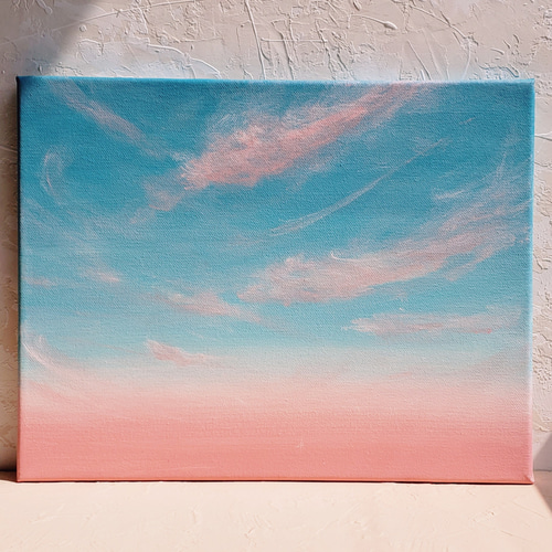 ピンクブルーの夕焼け 夕陽 sunset 絵画 アート 空 空の絵 夕陽