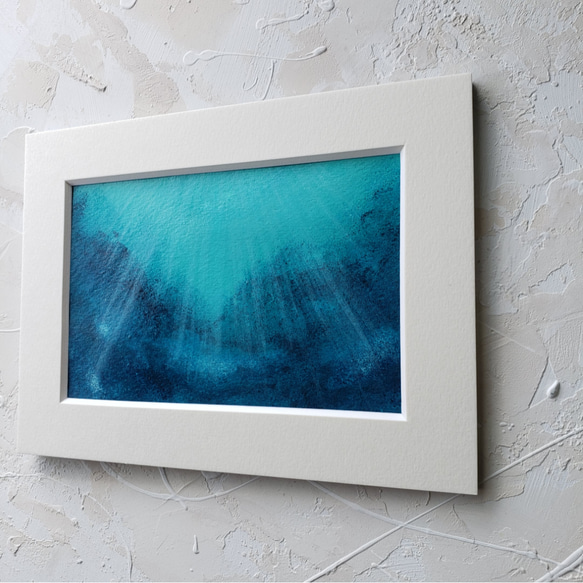 小さな絵 額付き  ハガキサイズ 深海の光 海の絵 深海 海 絵画 現代美術 現代アート 海の中 2枚目の画像
