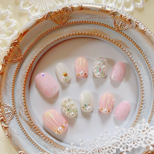 お客様完成品♡ネイルチップ♡ マーメイドネイル 韓国　量産型　夏ネイル 143》氷ネイル うるうる ちゅるん 韓国ネイル マーメイド 夏