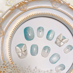 韓国ネイル ブルーマグネット蝶々ネイルチップ ネイルチップ（つけ爪
