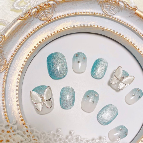 韓国ネイル ブルーマグネット蝶々ネイルチップ ネイルチップ（つけ爪