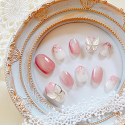 韓国ネイル ピンクマグネット蝶々ネイルチップ ネイルチップ（つけ爪