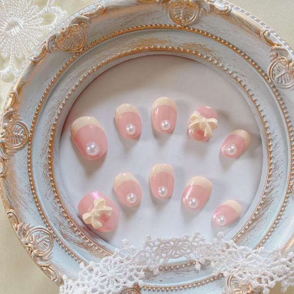 韓国ネイル ガーリーフレンチリボンネイルチップ ネイルチップ（つけ爪