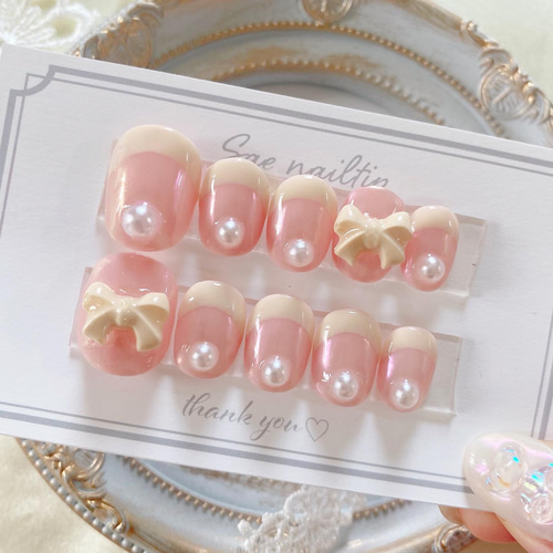 韓国ネイル ガーリーフレンチリボンネイルチップ ネイルチップ（つけ爪