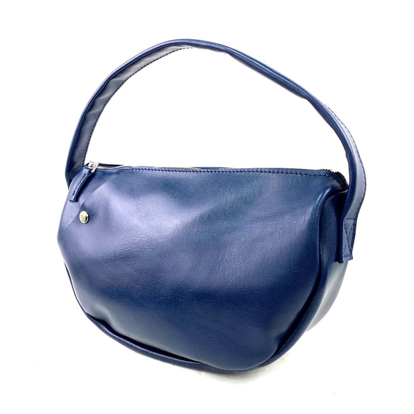 本革　半月ハンドバッグ　紺　Half-moon leather handbag dark blue 1枚目の画像