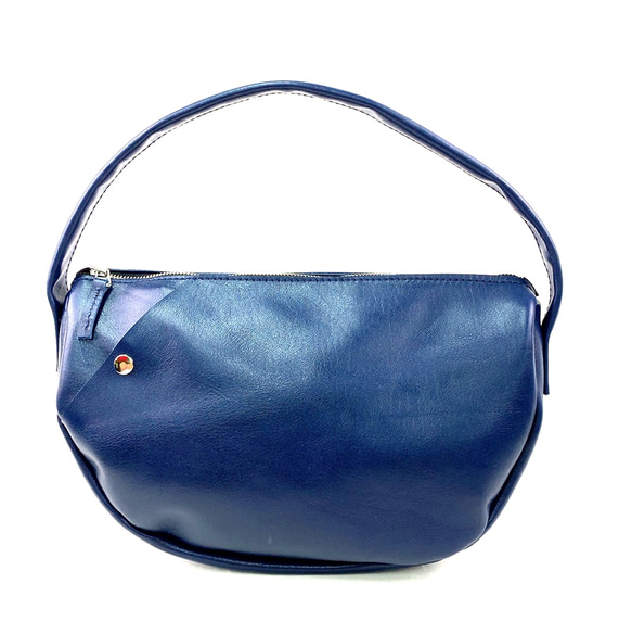本革　半月ハンドバッグ　紺　Half-moon leather handbag dark blue 2枚目の画像
