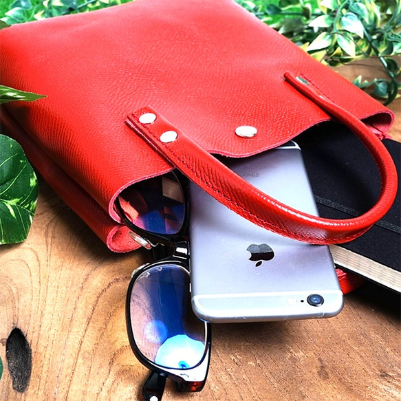 本革 ランチバッグ 赤 レッド　Leather lunch bag red 8枚目の画像