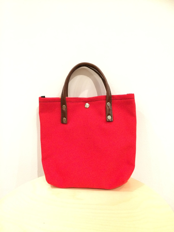 帆布ランチバッグ 赤  × 茶色 本革 取手　Lunch bag sailcloth red 1枚目の画像