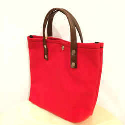 帆布ランチバッグ 赤  × 茶色 本革 取手　Lunch bag sailcloth red 2枚目の画像