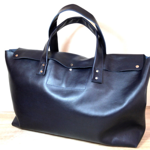 ダークブルー レザー トートバッグ 本革トートバッグ 特大 ダークブルー Dark blue leather Mega tote bag
