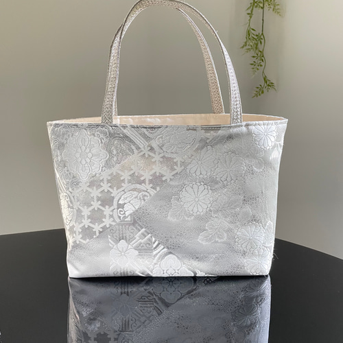 帯リメイクバッグ プラチナ箔二重織 九百錦 ミニトートバッグ 敬老の日