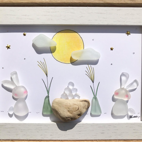 misa　向日葵とお昼寝うさぎ　シーグラス／天然石／夏／花 シーグラス 天然石 アート《お月見うさぎ》 その他アート K.I