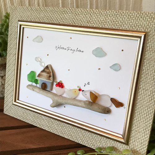シーグラス 天然石 アート 《犬と小鳥》 その他アート K.I.N
