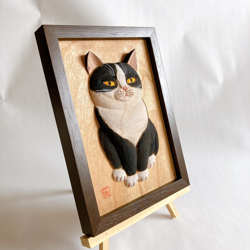 ハチワレ猫 木彫レリーフ 彫刻 hana hana 通販 12143962｜Creema