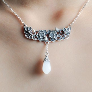 925スターリングシルバー象眼細工天然翡翠ネックレス梅花カササギ手彫りペンダント