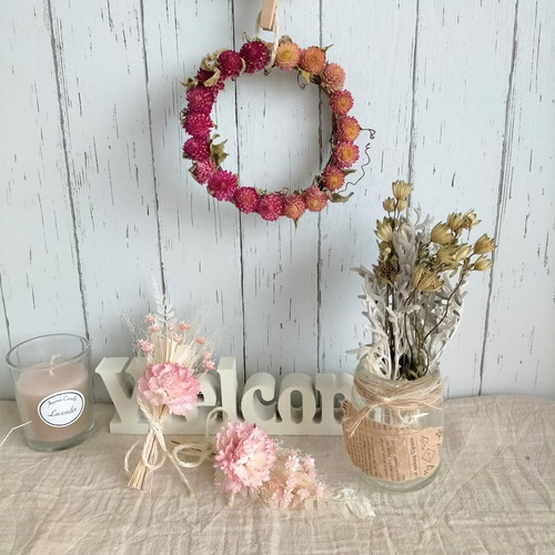 イチゴのようなセンニチコウリースのガーランド ミニリース ミニ  