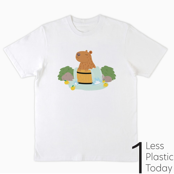 100% Organic Cotton かわいいカピバラゆず 湯温泉　白　地球にやさしいTシャツ 2枚目の画像