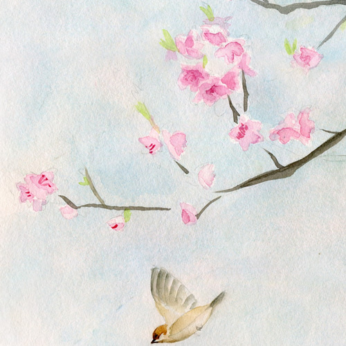 手描き水彩桜と鳥のポスターアート絵画室内装飾絵画版画引越し 手描き水彩桜と鳥のポスターアート絵画室内装飾絵画版画引越し