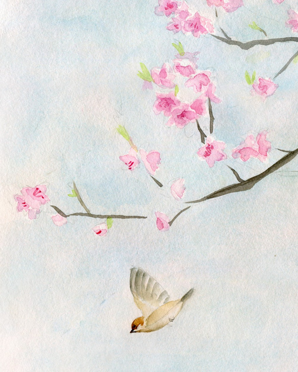 手描き 水彩 桜 鳥 ポスター アート 絵画 室内装飾 絵画 版画 引っ越し 新居 完成 2枚目の画像