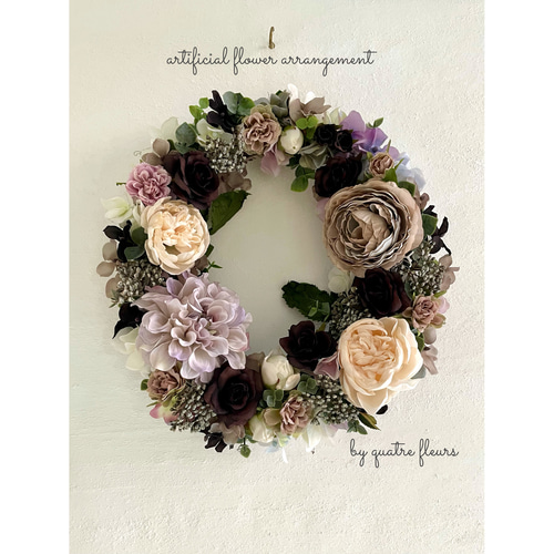 クリームベージュのバラとダリアの秋を楽しむリース アートフラワー  