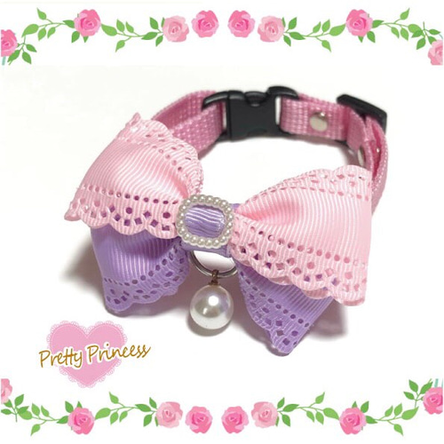 つまみ細工ダブルリボン(藤色)わんちゃん猫ちゃん用首輪 ダブルリボン