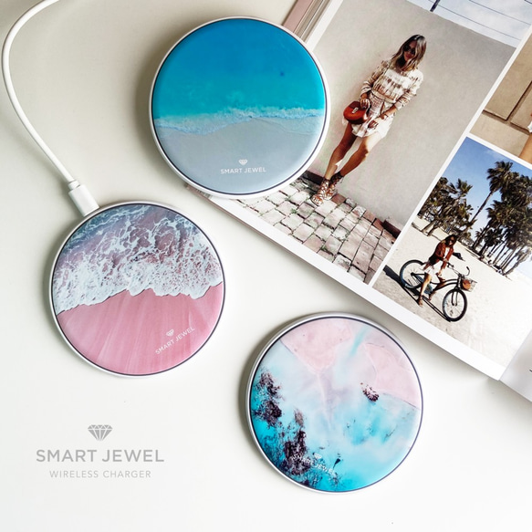 Smart Jewel スマートジュエル ワイヤレスチャージャー 置くだけ  充電器　淡色  ビーチ  海 ボヘミアン 1枚目の画像