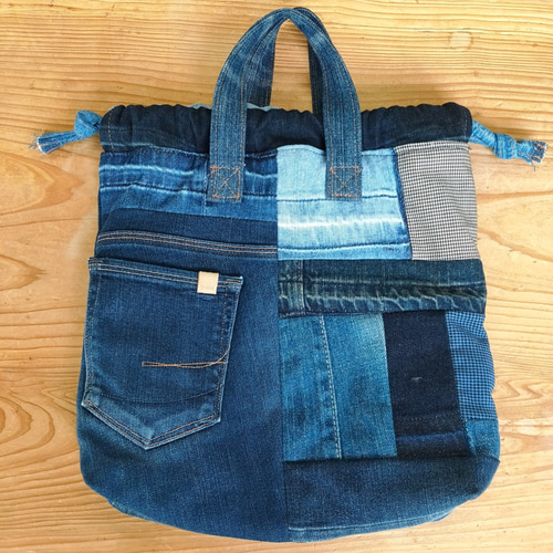リメイクデニム☆パッチワーク巾着バッグ 巾着バッグ スー 通販 リメイクデニム☆パッチワーク巾着バッグ 巾着バッグ スー 通販